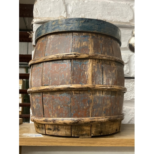 1144 - A WOODEN BARREL PLANT POT, HEIGHT 25CM