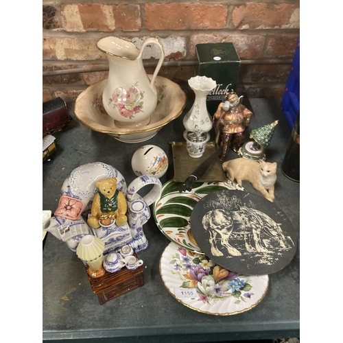 1155 - A QUANTITY OF ITEMS TO INCLUDE A RINGTONS 'TEDDY' TEAPOT, A VICTORIAN WASHBOWL AND JUG, A BELLEEK VA... 