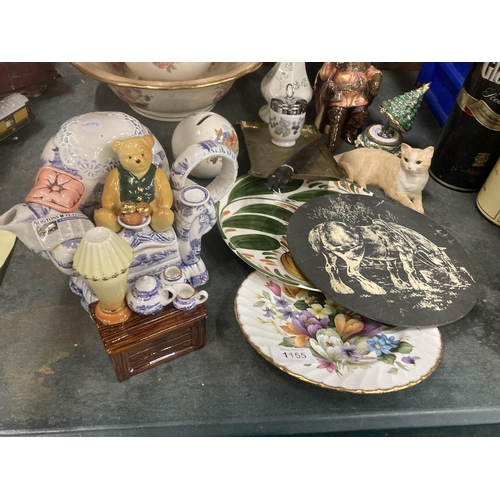 1155 - A QUANTITY OF ITEMS TO INCLUDE A RINGTONS 'TEDDY' TEAPOT, A VICTORIAN WASHBOWL AND JUG, A BELLEEK VA... 