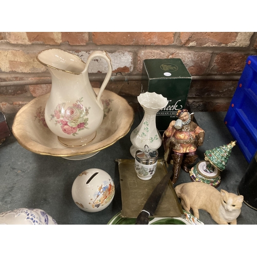 1155 - A QUANTITY OF ITEMS TO INCLUDE A RINGTONS 'TEDDY' TEAPOT, A VICTORIAN WASHBOWL AND JUG, A BELLEEK VA... 