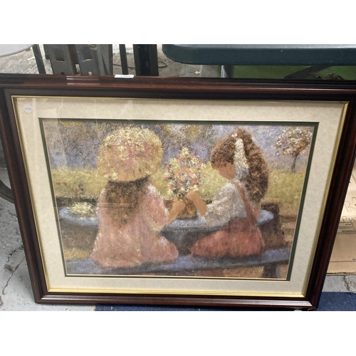 1165 - A FRAMED PRINT OF TWO YOUNG GIRLS IN A GARDEN, 80CM X 65CM