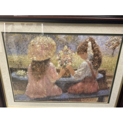 1165 - A FRAMED PRINT OF TWO YOUNG GIRLS IN A GARDEN, 80CM X 65CM