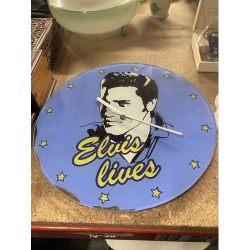 1176 - AN 'ELVIS LIVES' TOUGHENED GLASS WALL CLOCK, DIAMETER 35CM