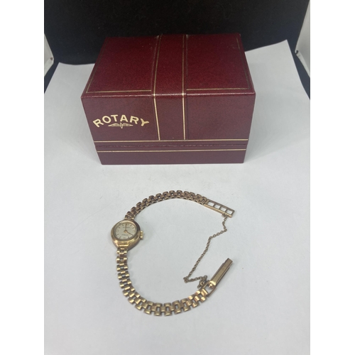 511 - A 9 CARAT GOLD ROTARY 17 JEWELS LADIES WATCH WITH 9 CARAT GOLD STRAP GROSS WEIGHT 11.27 GRAMS IN A P... 