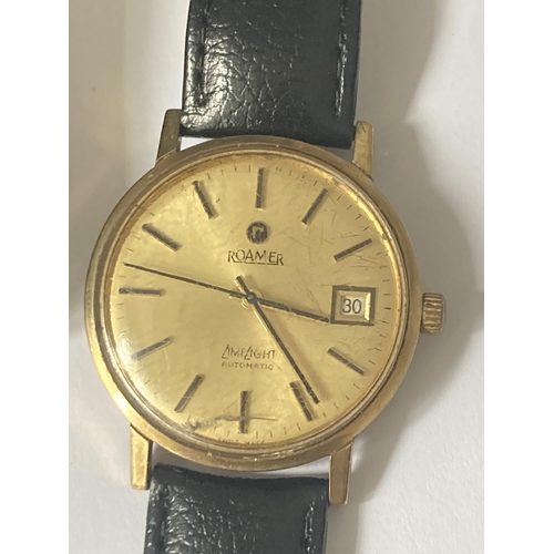 512 - A ROAMER LIMELIGHT AUTOMATIC MARKED 9 CARAT GOLD GENTS WRIST WATCH WITH LEATHER STRAP SEEN WORKING B... 