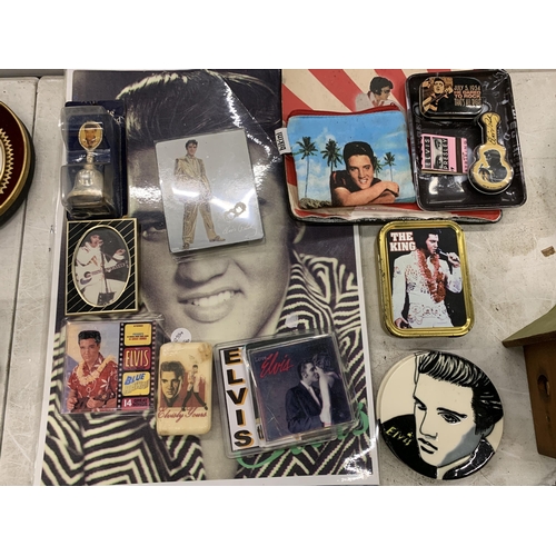 121 - A COLLECTION OF ELVIS PRESLEY ITEMS TO INCLUDE TINS, PRINTS, COASTERS, A BAR OF SOAP, ETC