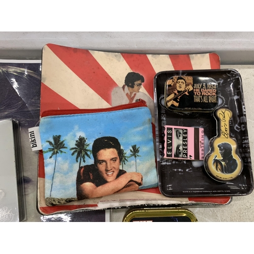 121 - A COLLECTION OF ELVIS PRESLEY ITEMS TO INCLUDE TINS, PRINTS, COASTERS, A BAR OF SOAP, ETC