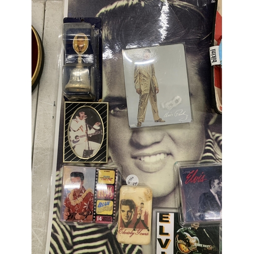 121 - A COLLECTION OF ELVIS PRESLEY ITEMS TO INCLUDE TINS, PRINTS, COASTERS, A BAR OF SOAP, ETC