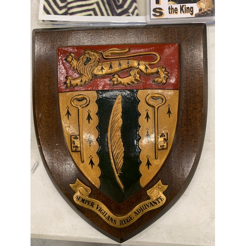 123 - A LARGE VINTAGE WOODEN SHIELD WITH A COAT OF ARMS