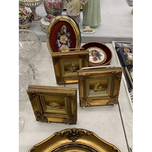 124 - FOUR OIL PAINTING STILL LIFE STUDIES, ONE LARGE AND THREE SMALL IN GILT FRAMES, PLUS A FLORAL TAPEST... 