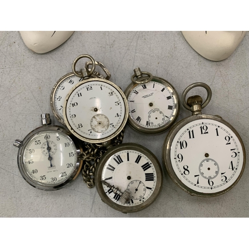 136 - FIVE VINTAGE POCKET WATCHES AND ONE STOPWATCH - ALL IN NEED OF RESTORATION