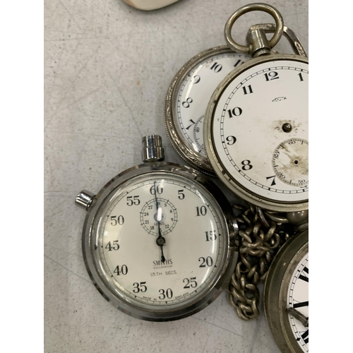 136 - FIVE VINTAGE POCKET WATCHES AND ONE STOPWATCH - ALL IN NEED OF RESTORATION