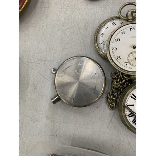 136 - FIVE VINTAGE POCKET WATCHES AND ONE STOPWATCH - ALL IN NEED OF RESTORATION