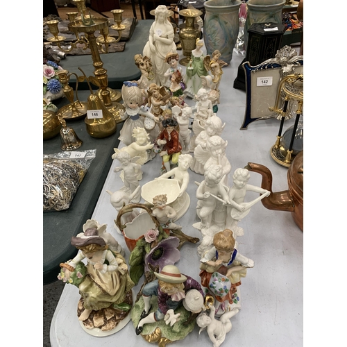 145 - A LARGE COLLECTION OF CERAMIC FIGURINES TO INCLUDE CHERUBS, ETC