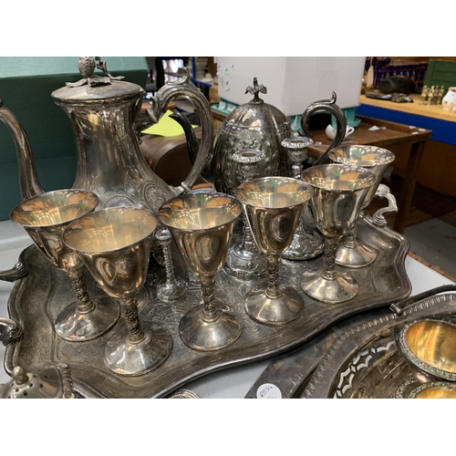 163 - A LARGE QUANTITY OF SILVERPLATE TO INCLUDE TRAYS, COFFEE POTS, MONEY BOX ETC