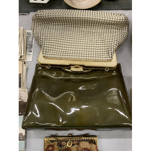 194 - FIVE VINTAGE HANDBAGS AND CLUTCH BAGS TO INCLUDE A 1960'S, OROTON CLASSIC, MADE IN WEST GERMANY