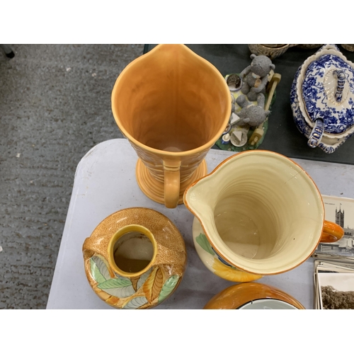 196 - A COLLECTION OF VINTAGE CERAMICS TO INCLUDE ART DECO JUGS, A BLUE AND WHITE BOWL, ETC