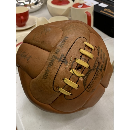 216 - A VINTAGE 'CLIFFS CHALLENGE GLOBE' LEATHER FOOTBALL WITH SIGNATURES