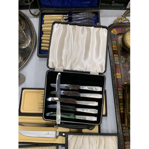 225 - A QUANTITY OF BOXED FLATWARE TO INCLUDE CAKE FORKS, TEA SPOONS, KNIVES WITH PEARL HANDLES, CARVING K... 