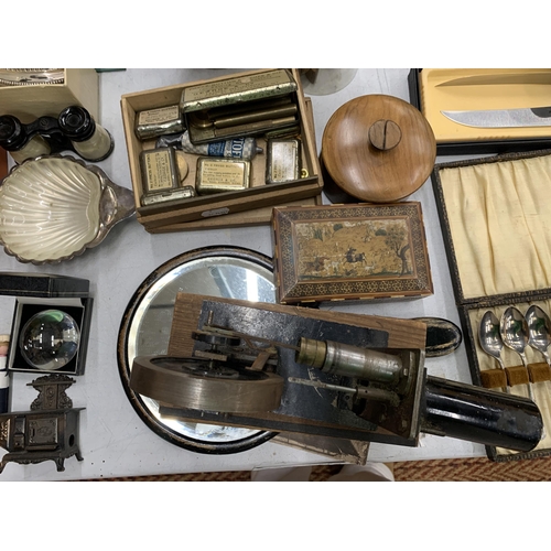 227 - A MIXED LOT OF COLLECTABLES TO INCLUDE A HAND MIRROR, A QUANTITY OF VINTAGE TINS CONTAINING PRESS BU... 