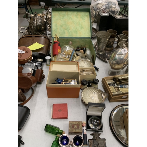 228 - A MIXED LOT OF COLLECTABLES TO INCLUDE A BOXED PAPER WEIGHT, HORSE BRASSES, A PAIR OF OPERA GLASSES,... 