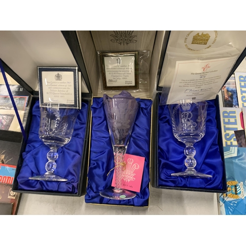 233 - FIVE ROYAL COMMEMORATIVE GLASSES IN PRESENTATION BOXES TO INCLUDE FOUR STUART LIMITED EDITION WITH C... 