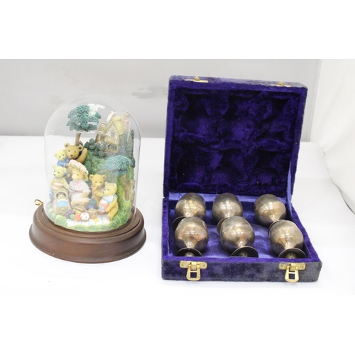 247 - A SET OF SIX SILVER PLATED GOBLETS IN A PRESENTATION BOX PLUS A TEDDY BEAR PICNIC MUSICAL BELL JAR