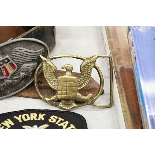 258 - A VINTAGE AMERICAN LEATHER BELT WITH EAGLE BELT BUCKLE, A BRASS EAGLE BELT BUCKLE, A NEW YORK STATE ... 