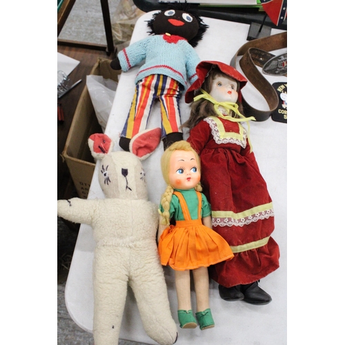 259 - A VINTAGE SOFT TOY RABBIT AND ROBERTSONS TOY, PLUS TWO VINTAGE DOLLS BOTH WITH CLOTH BODIES AND HARD... 