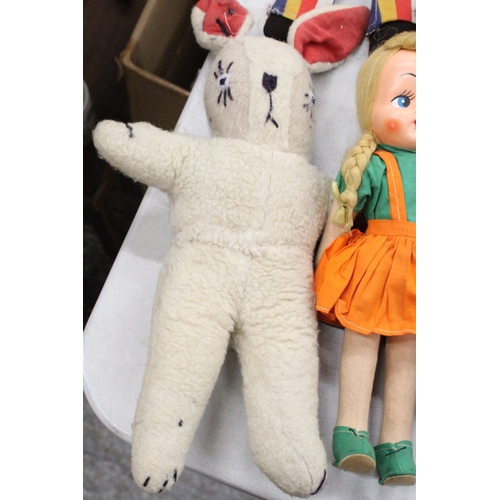 259 - A VINTAGE SOFT TOY RABBIT AND ROBERTSONS TOY, PLUS TWO VINTAGE DOLLS BOTH WITH CLOTH BODIES AND HARD... 