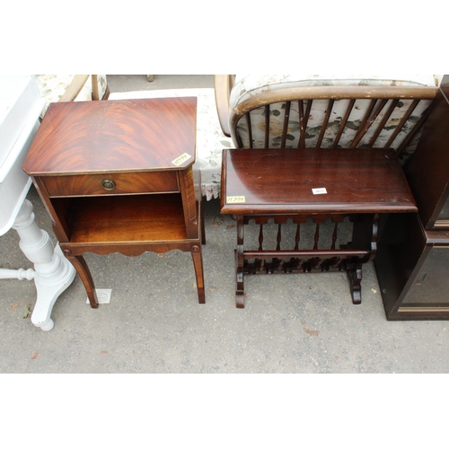 2673 - A MAGAZINE RACK/TABLE AND MAHOGANY BEDSIDE TABLE