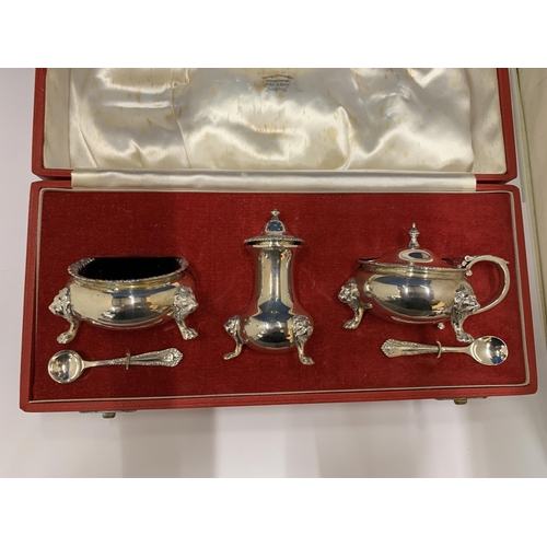 1 - A BOODLE AND DUNTHORNE HALLMARKED LONDON SILVER CRUET SET CONSISTING OF A SALT, A LIDDED MUSTARD POT... 