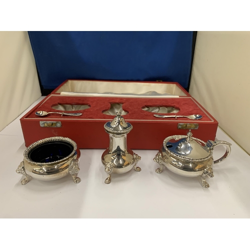 1 - A BOODLE AND DUNTHORNE HALLMARKED LONDON SILVER CRUET SET CONSISTING OF A SALT, A LIDDED MUSTARD POT... 