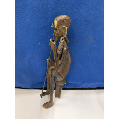 12 - TWO BRONZE AFRICAN SEATED MEN FIGURES WITH WALKING STICKS