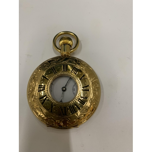 17 - A GOLD PLATED HALF HUNTER POCKET WATCH ON A LEATHER BOUND STAND