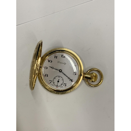 17 - A GOLD PLATED HALF HUNTER POCKET WATCH ON A LEATHER BOUND STAND