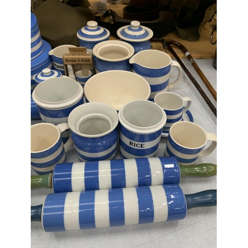 22 - A LARGE QUANTITY OF T .G. GREEN CORNISH KITCHEN WARE TO INCLUDE HERB JARS, TINS, ROLLING PINS, JUGS,... 