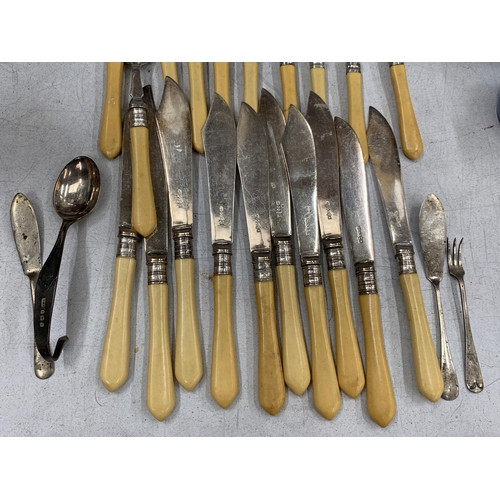 23 - A COLLECTION OF SILVER COLLARED FISH KNIVES AND FORKS AND FOUR FURTHER ITEMS OF SILVER CUTLERY