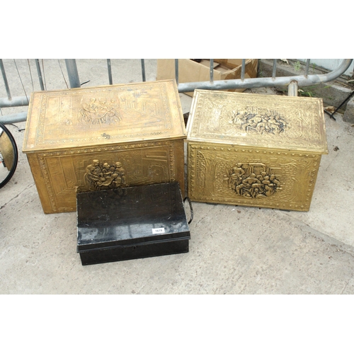 1679 - TWO BRASS COVERED LOG BOXES AND A METAL DEED TIN