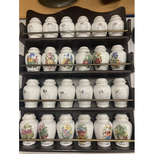 37 - A LARGE COLLECTION OF DAVENPORT CHINA LIMITED EDITION SPICE JARS IN WOODEN SPICE RACK (24 IN TOTAL)