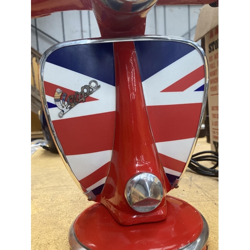 58 - A RED VESPA TABLE LAMP WITH UNION JACK DESIGN