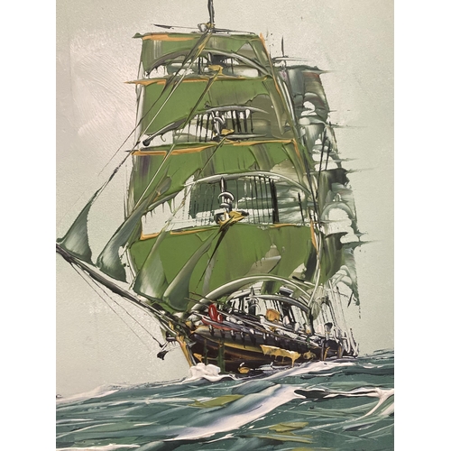 60 - A SIGNED GEORGE DEAKINS, OIL ON BOARD OF A GALLEON AT SEA