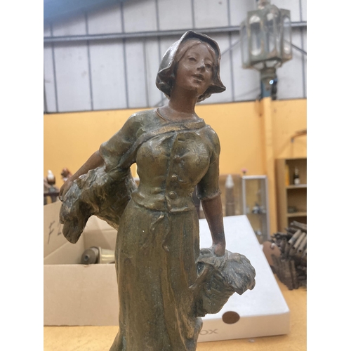 63 - TWO VINTAGE SPELTER MODELS OF GIRLS ON MARBLE BASES, HEIGHT 38CM