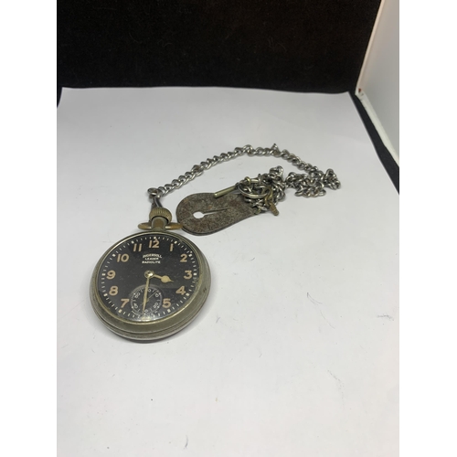 428A - AN INGERSOL LEADER RADIOLITE MILITARY POCKET WATCH WITH CHAIN AND LEATHER FOB