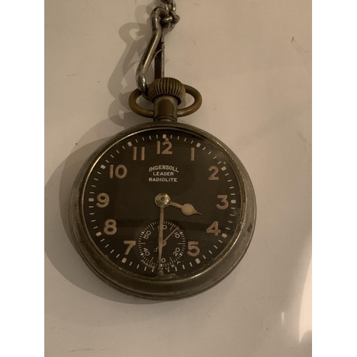 428A - AN INGERSOL LEADER RADIOLITE MILITARY POCKET WATCH WITH CHAIN AND LEATHER FOB