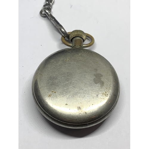 428A - AN INGERSOL LEADER RADIOLITE MILITARY POCKET WATCH WITH CHAIN AND LEATHER FOB