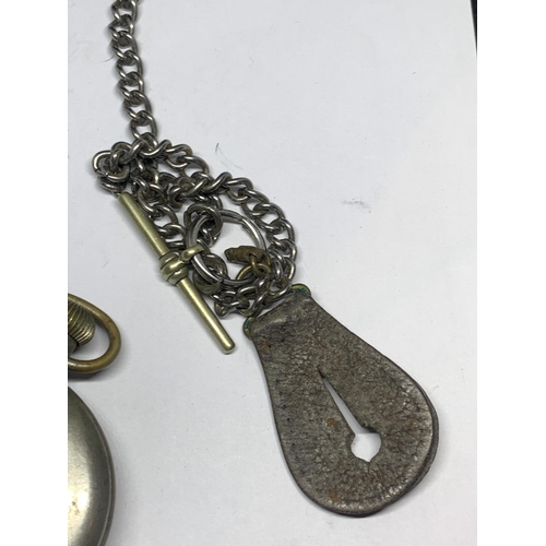 428A - AN INGERSOL LEADER RADIOLITE MILITARY POCKET WATCH WITH CHAIN AND LEATHER FOB