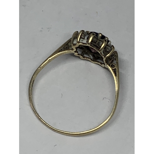 557 - A 9 CARAT GOLD RING WITH A CENTRE OVAL GARNETT SURROUNDED BY CUBIC ZIRCONIASN SIZE V