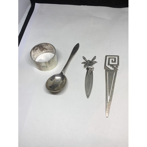 598 - FOUR MARKED SILVER ITEMS TO INCLUDE TWO BOOK MARKS ON DECO, ONE FAIRY, A SPOON AND A THE BROOKLYN FE... 