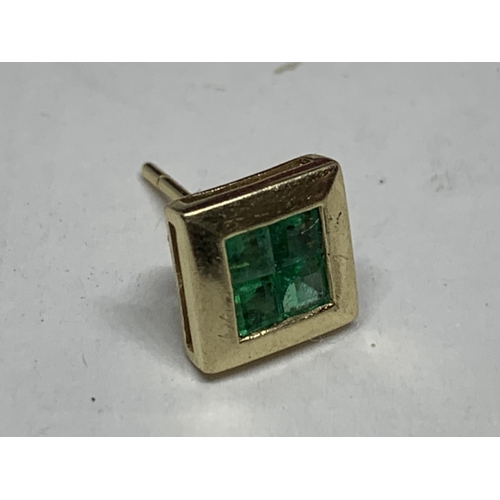 599 - A PAIR OF MARKED 9 CARAT GOLD SQUARE EARRINGS WITH EMERALDS IN A PRESENTATION BOX